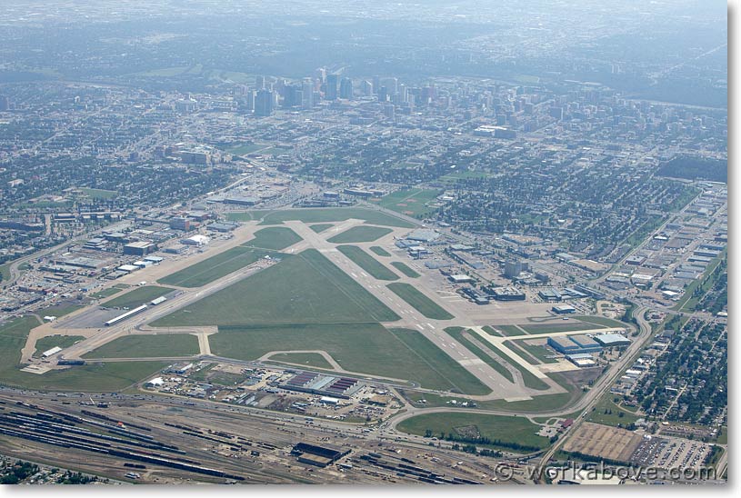 Low visibility Aerial photo of hazy Edmonton city centre